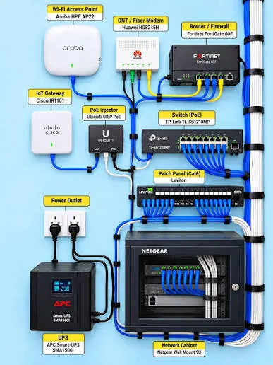 Network equipment layout with router, PoE switch, patch panel, UPS and network cabinet