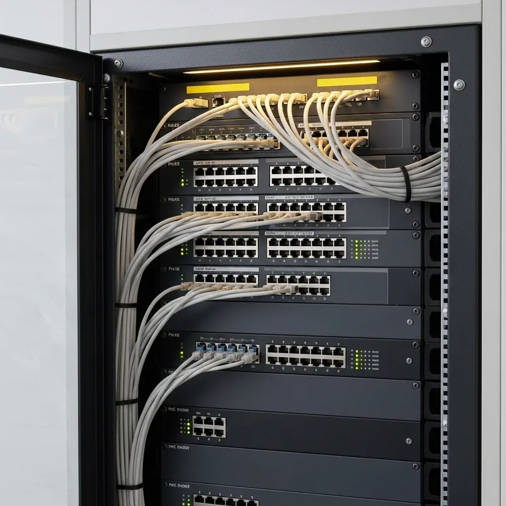 Network rack with switches and Ethernet cabling